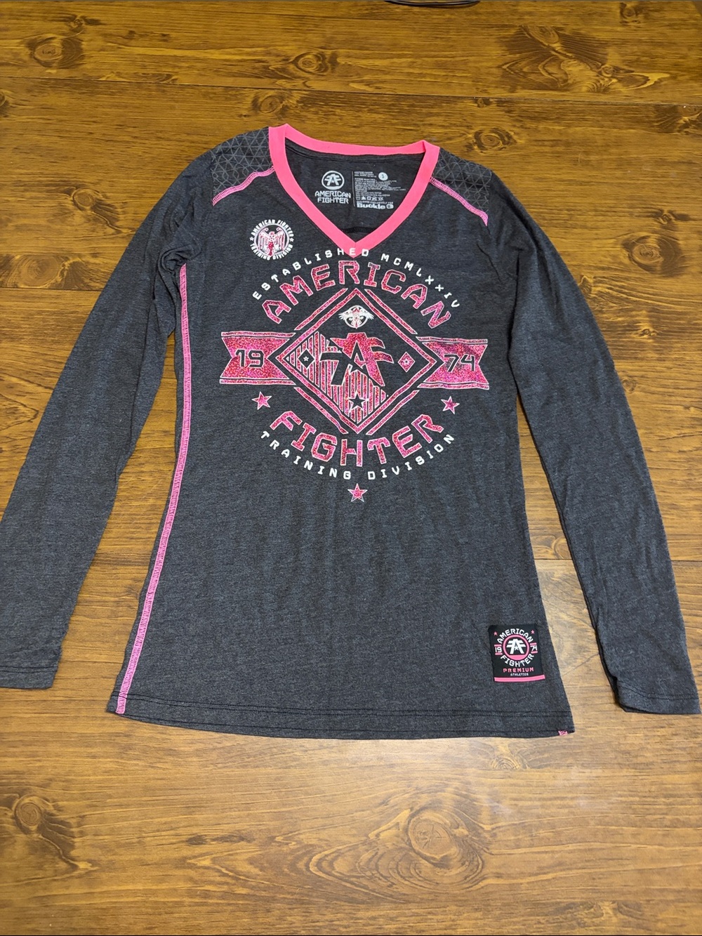 American Fighter Charcoal Gray and Pink V-Neck Long Sleeve Graphic Tee
